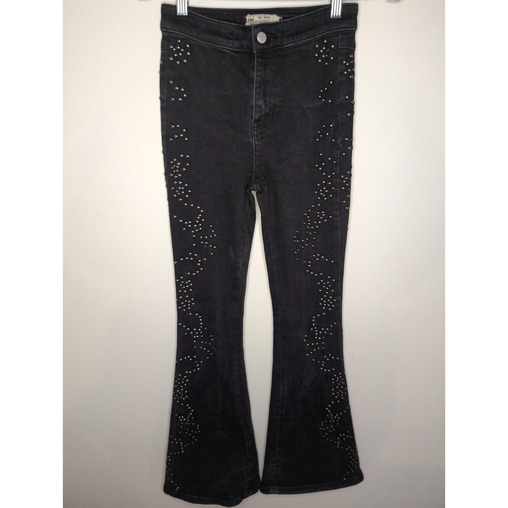 Free people love forever cowgirl studded embellished gray denim flare jeans 25 - Picture 2 of 13